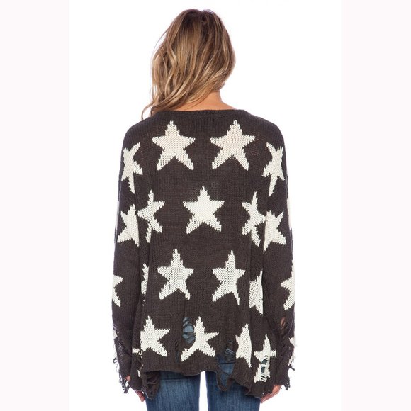 💥ICONIC💥Wildfox Seeing Stars Distressed Lennon Sweater in Vintage Dirty Black - Picture 4 of 12